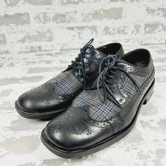 Kenneth Cole Reaction Mixed Wingtip Plaid Fabric Black Leather Oxfords O637 - Picture 2 of 12